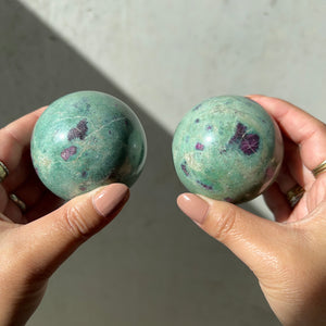 
                
                    Load image into Gallery viewer, Meditation Harmonisers - Ruby Fuchsite Spheres 01
                
            
